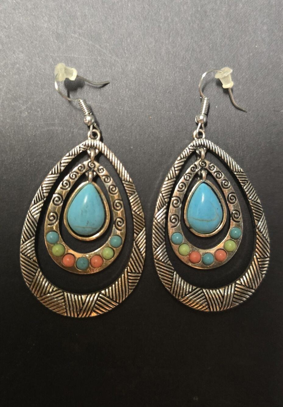 Turquoise Teardrop Dangle Drop Earrings Silver Tone French Wire Womens Boho